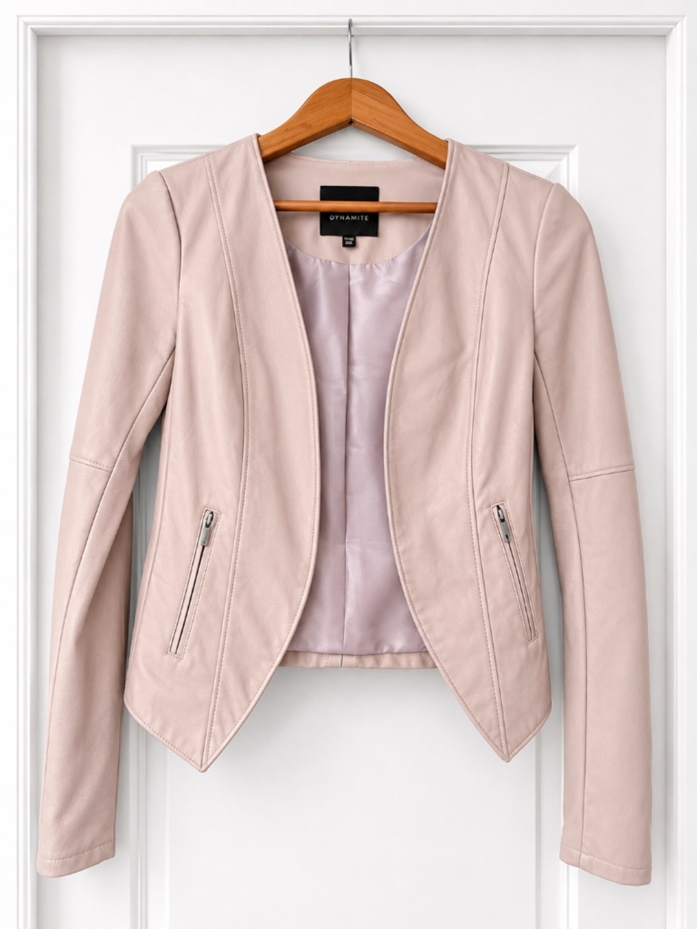 Dynamite Blush Pink Faux Leather Open Front Jacket